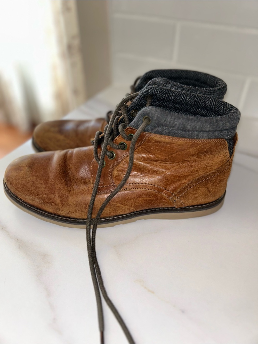 Crevo Brown Leather Lace-Up Boots with Gray Herringbone Collar